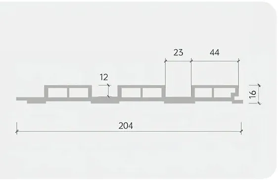 204 Fluted Decor Panel technical cross-section, 204mm by 16mm