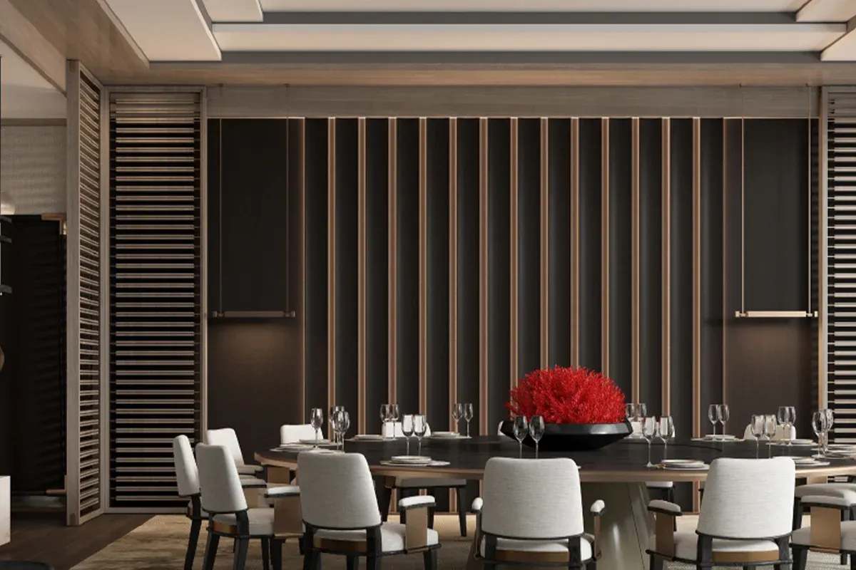 High-end decorative wall panels installed as a feature wall, showing textured surface finish and seamless panel joints — gallery photo 1