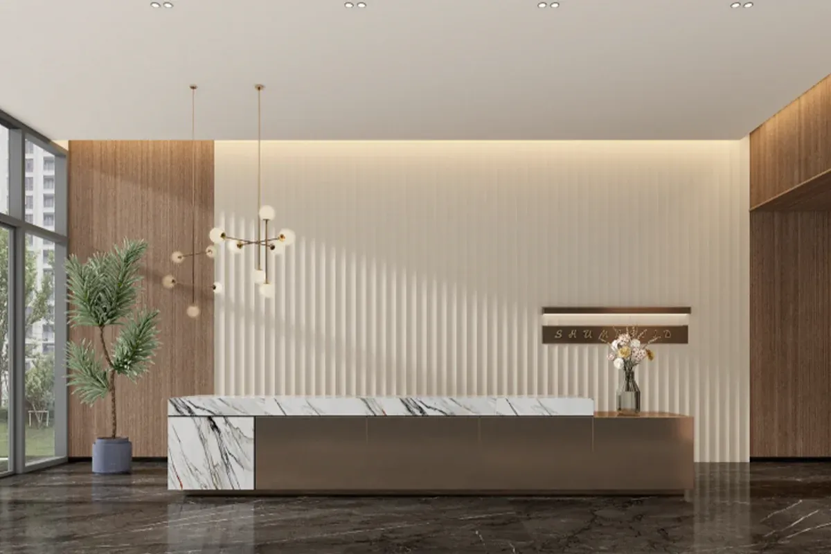 High-end decorative wall panels installed as a feature wall, showing textured surface finish and seamless panel joints — gallery photo 6