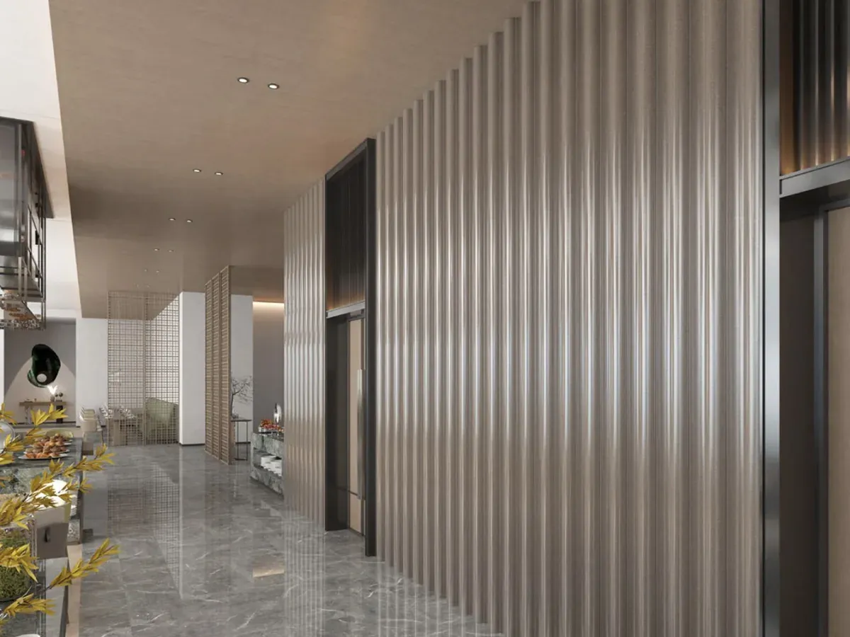 MW-DP1055 Decor Panel profile cross-section, 103.5mm wide and 54.8mm thick, shown as a wall panel installation