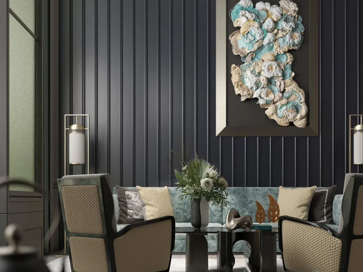 MW-DP2025 Decor Panel profile cross-section, 215mm wide and 25mm thick, shown as a wall panel installation