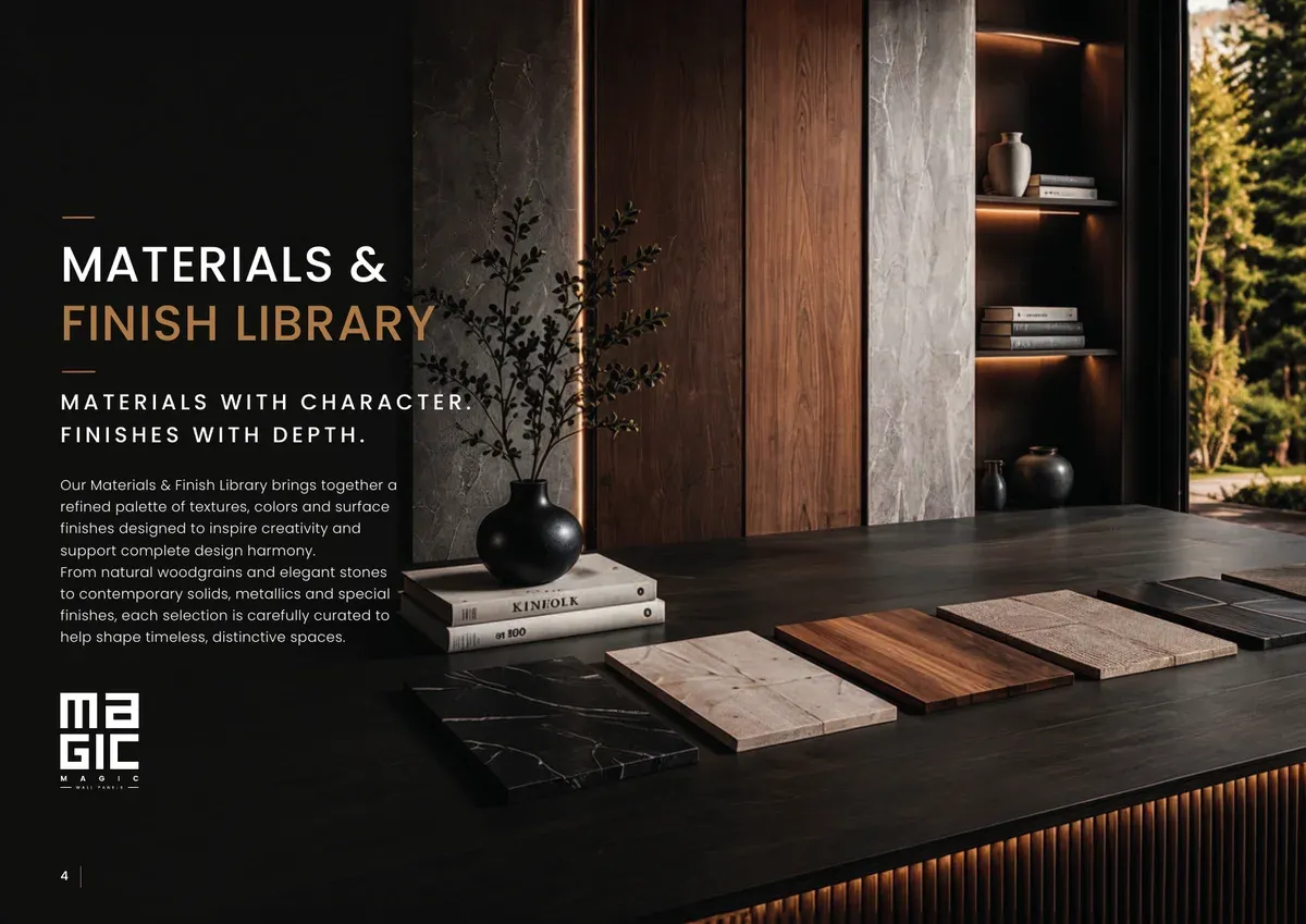Materials and finish library spread from the Magic Wall Panels product catalogue