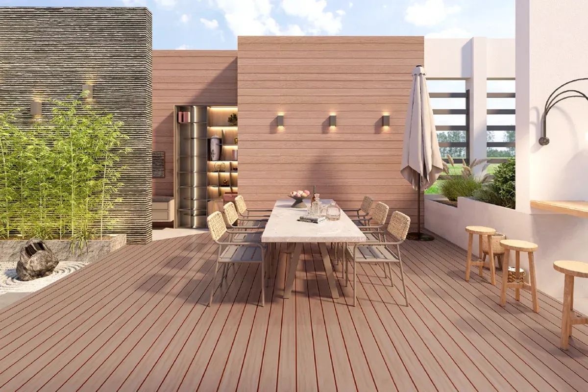 ASA co-extruded PVC wood-plastic outdoor decking boards with a natural woodgrain finish installed on a terrace — gallery photo 2