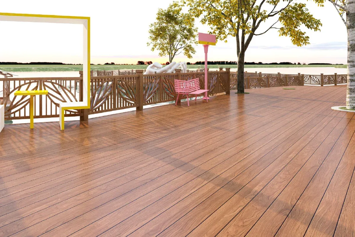 ASA co-extruded PVC wood-plastic outdoor decking boards with a natural woodgrain finish installed on a terrace — gallery photo 7
